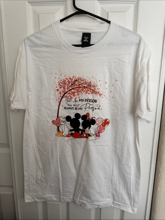 Hanes Beefy Tops - White Graphic Short Sleeve Tee with Romantic Mickey Design